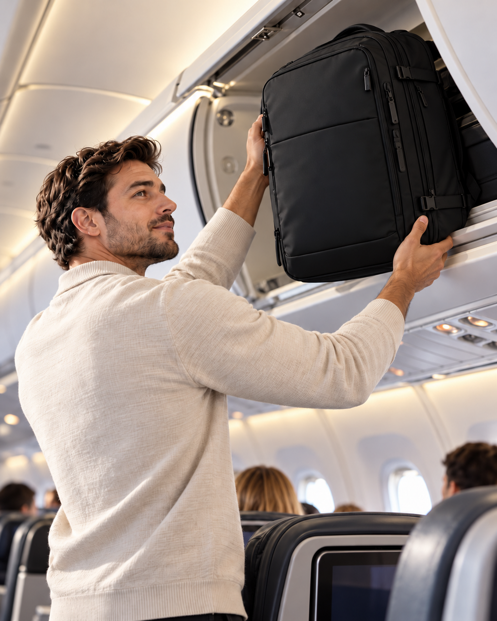 Traveller placing a black STOWD ONE backpack into an aircraft overhead locker