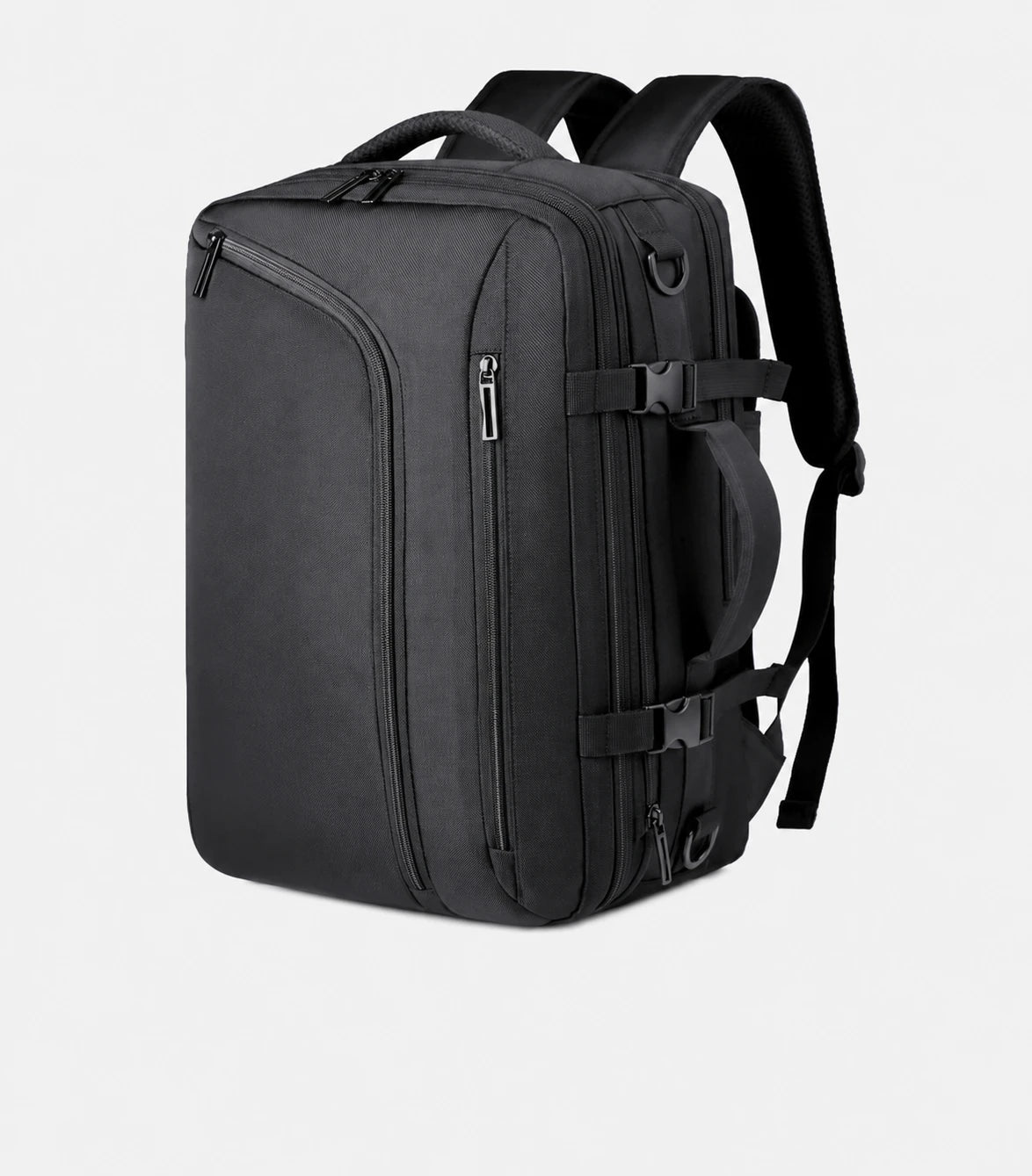 Black STOWD ONE travel backpack shown from an angle